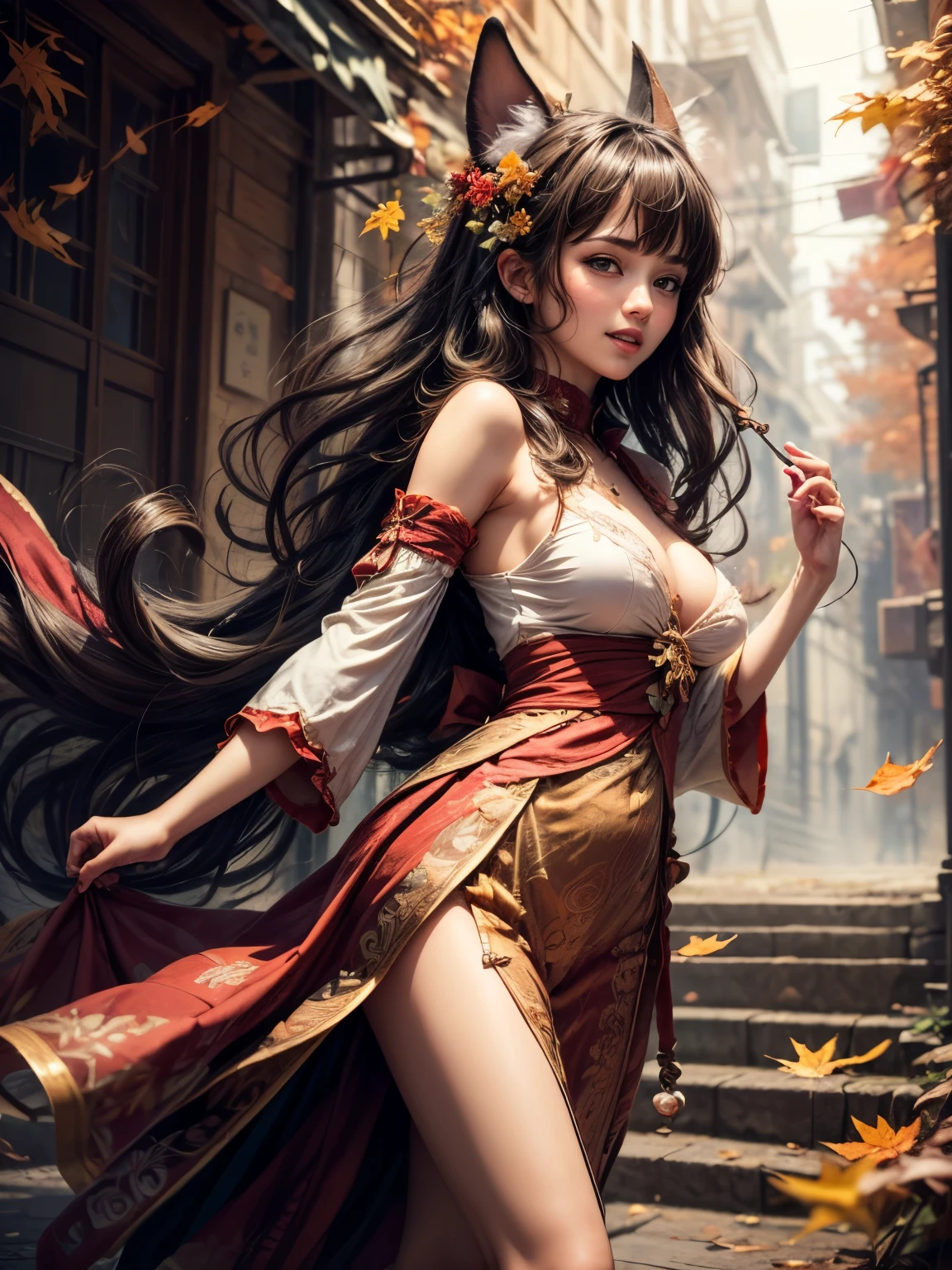 best quality, (masterpiece:1.35), wallpaper, (illustration), original, (depth of field), (1girl:1.35), (solo), full body, dynamic, detailed face,mature female, adult, (old:1.3), Medium breasts, Amused, happy,miko clothing, flower trim,absurdly long hair, black hair,dog ears volumetric lighting, fall leaves, Tyndall effect,