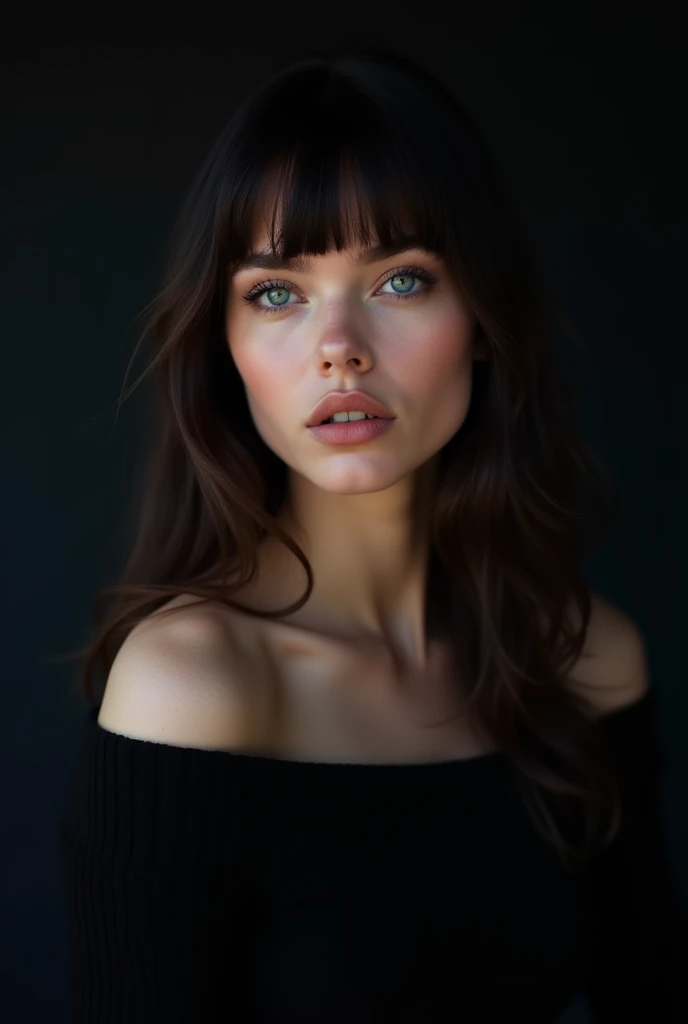 ((Best Quality, 8K, Masterpiece: 1.3)),((Hasselblad photo)), finely detailed skin, clear focus, (cinematic lighting), soft lighting , Beautiful Woman , (Random Hairstyle: 1.2), Ultra-detailed face , Glossy skin, big boob , Exposed breasts,blue Eyes, ((Dark background)), looking at viewer, off shoulder, black sweater, sharp face, open mouse, long bangs,