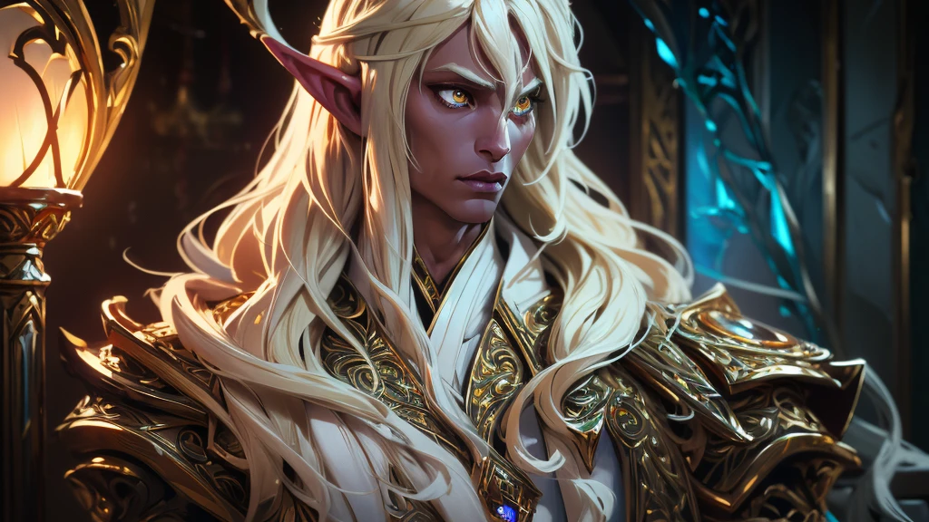 A handsome elf-drow man, blonde with long semi-wavy hair, dark skin, captivating golden eyes, wearing fine white clothes with gold accents, DnD fantasy style, cinematic lighting, intricate details, highly detailed, photorealistic, 8k, best quality, masterpiece
