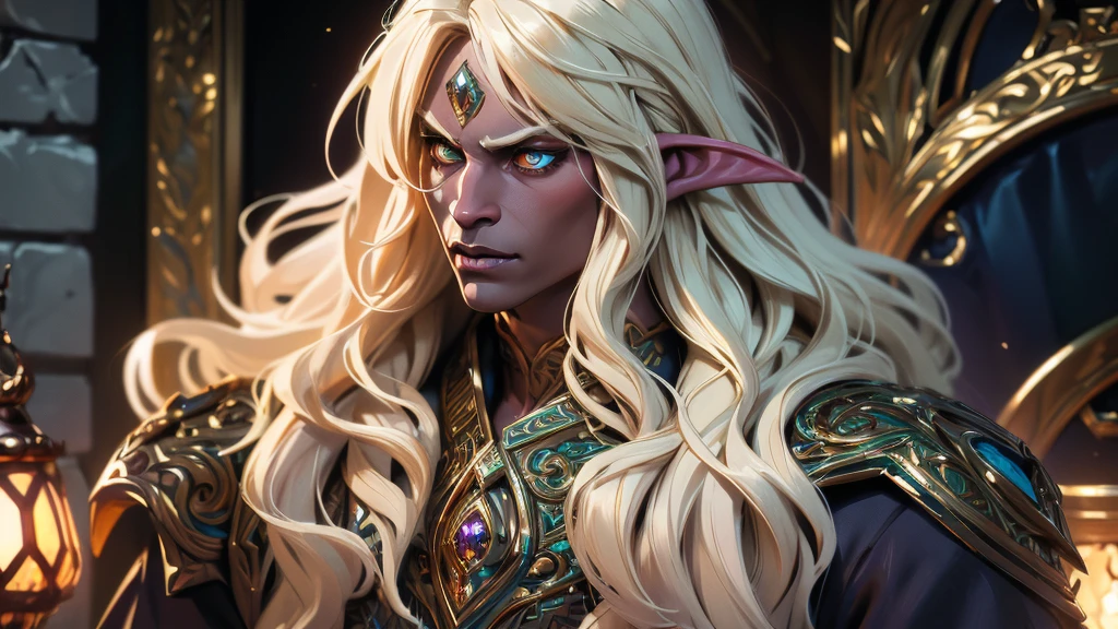 A handsome elf-drow man, blonde with long semi-wavy hair, dark skin, captivating golden eyes, wearing fine white clothes with gold accents, DnD fantasy style, cinematic lighting, intricate details, highly detailed, photorealistic, 8k, best quality, masterpiece
