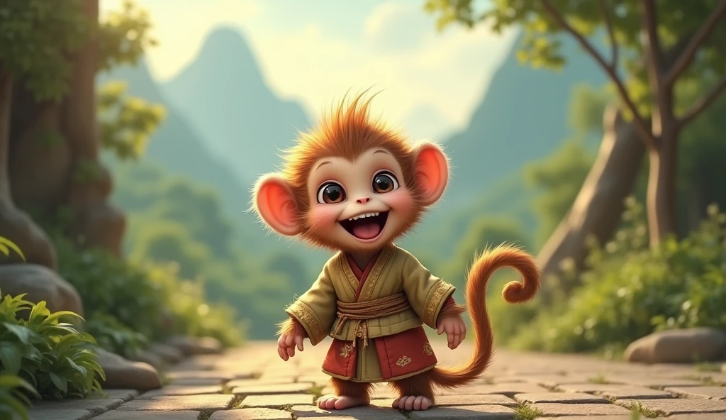 Fluffy little monkey, smile, Big eyes, Wearing Taoist clothing, standing on the side of the road, antique style, Snes drawing