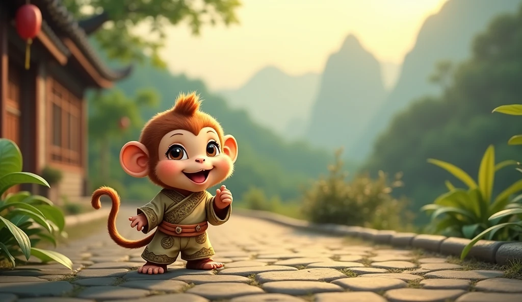 Fluffy little monkey, smile, Big eyes, Wearing Taoist clothing, standing on the side of the road, antique style, Snes drawing