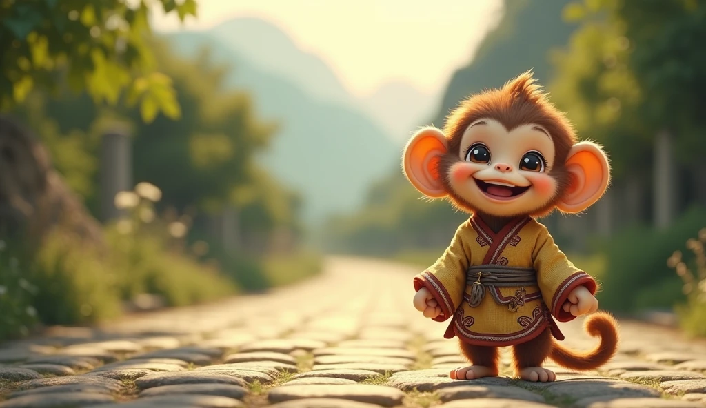 Fluffy little monkey, smile, Big eyes, Wearing Taoist clothing, standing on the side of the road, antique style, Snes drawing