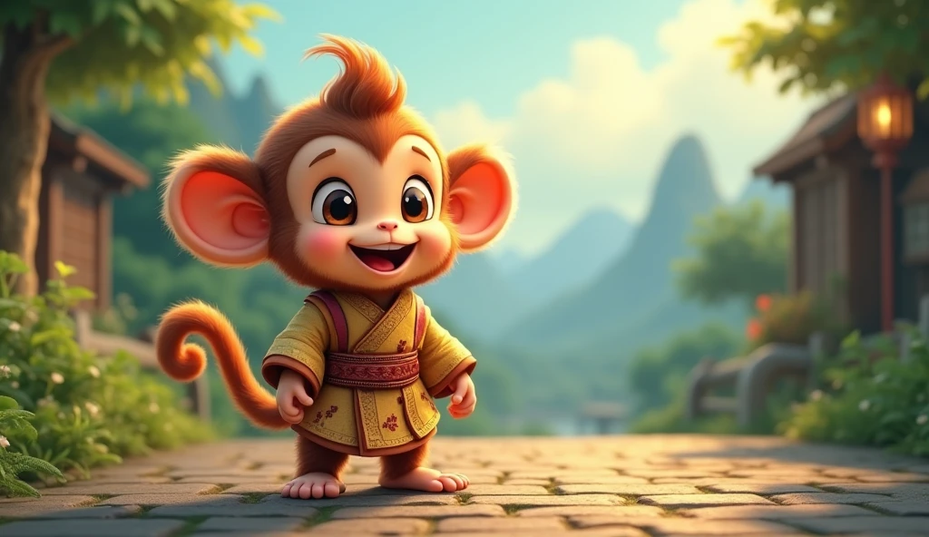 Fluffy little monkey, smile, Big eyes, Wearing Taoist clothing, standing on the side of the road, antique style, Snes drawing