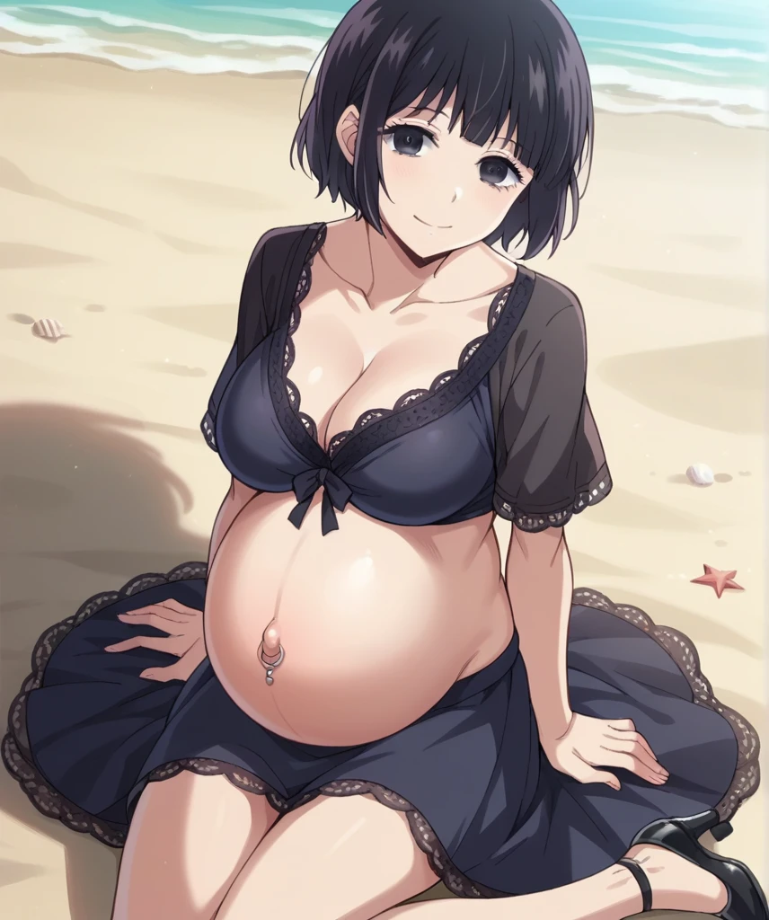 score_9, score_8_up, score_7_up, source_anime,
hanabiyasuraoka, hanabi yasuraoka, short hair, black hair, black eyes,
lace robe, skirt, Heels, big belly, Beach, background, rubing belly, smile,
looking at viewer, cowboy shot, solo, pregnant, possing, big breast, large belly, Belly button piercing, Sitting