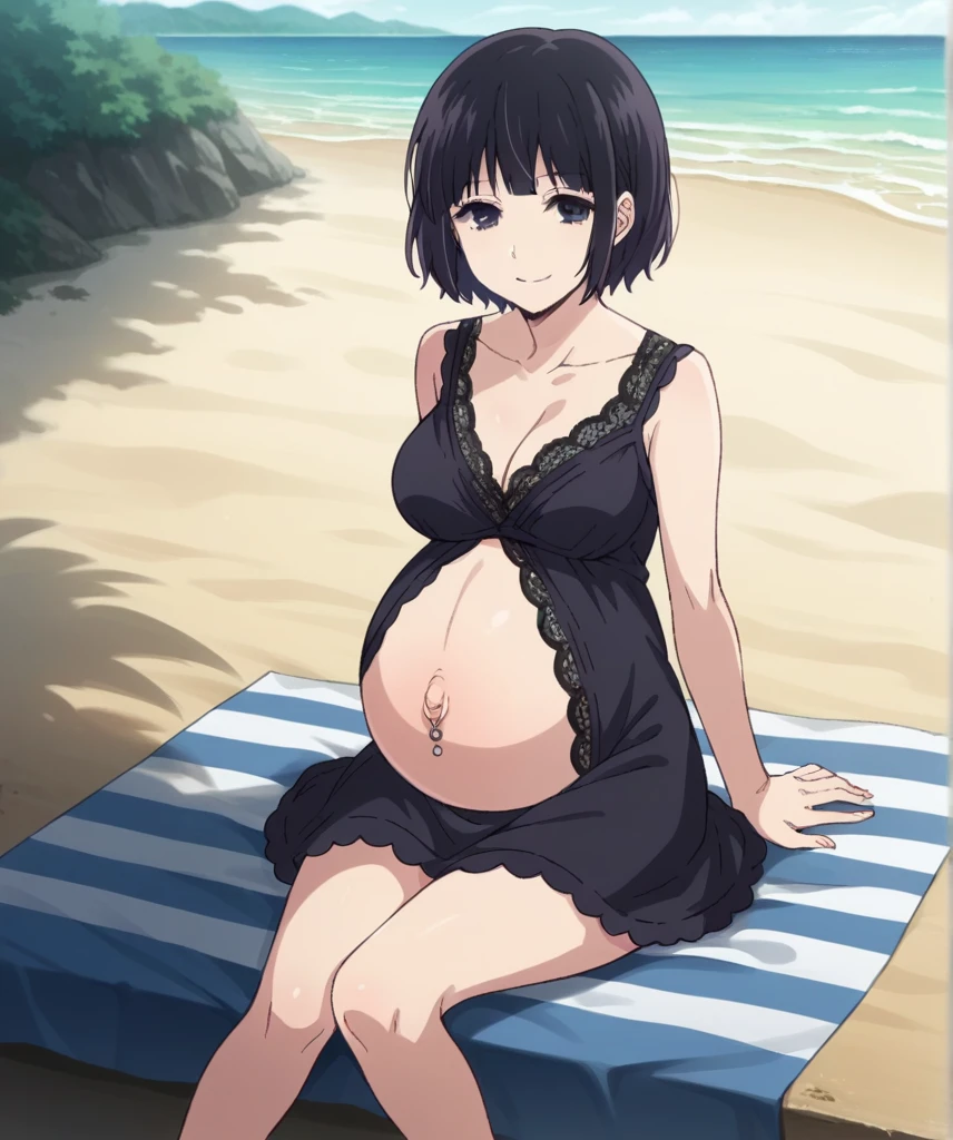 score_9, score_8_up, score_7_up, source_anime,
hanabiyasuraoka, hanabi yasuraoka, short hair, black hair, black eyes,
lace robe, skirt, Heels, big belly, Beach, background, rubing belly, smile,
looking at viewer, cowboy shot, solo, pregnant, possing, big breast, large belly, Belly button piercing, Sitting