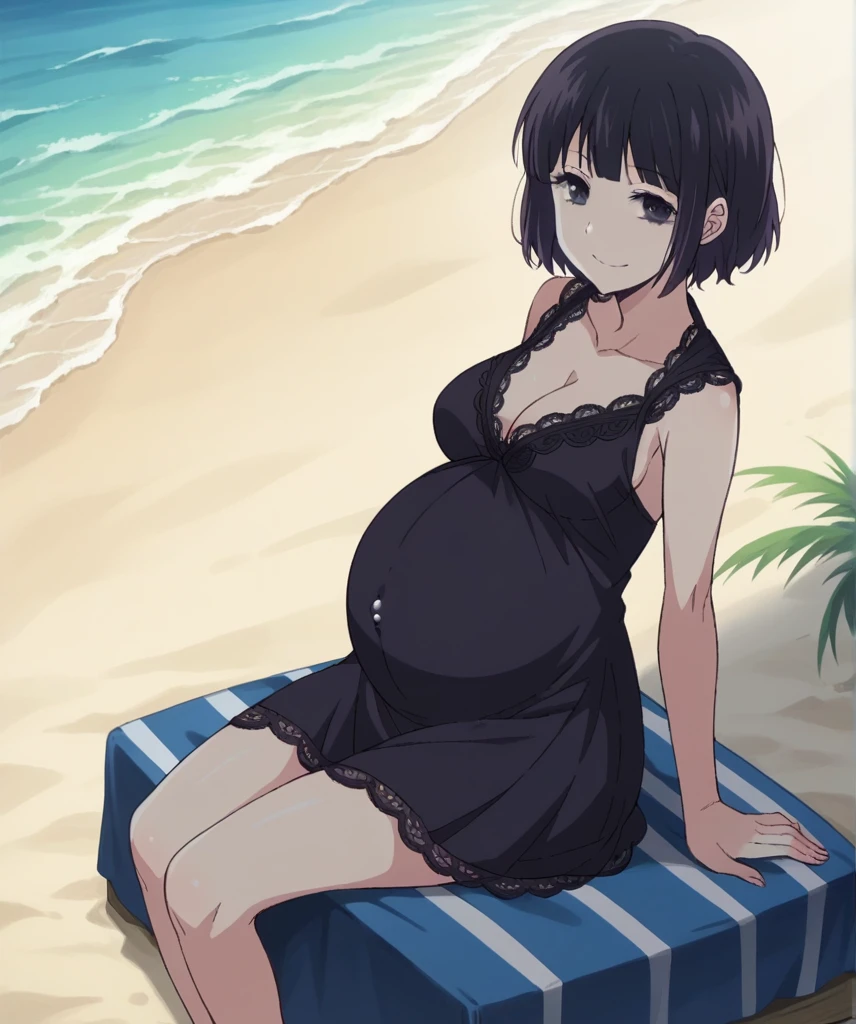 score_9, score_8_up, score_7_up, source_anime,
hanabiyasuraoka, hanabi yasuraoka, short hair, black hair, black eyes,
Bikini, skirt, Black nails, big belly, Beach, background, rubing belly, smile,
looking at viewer, cowboy shot, solo, pregnant, possing, big breast, large belly, Belly button piercing, Sitting