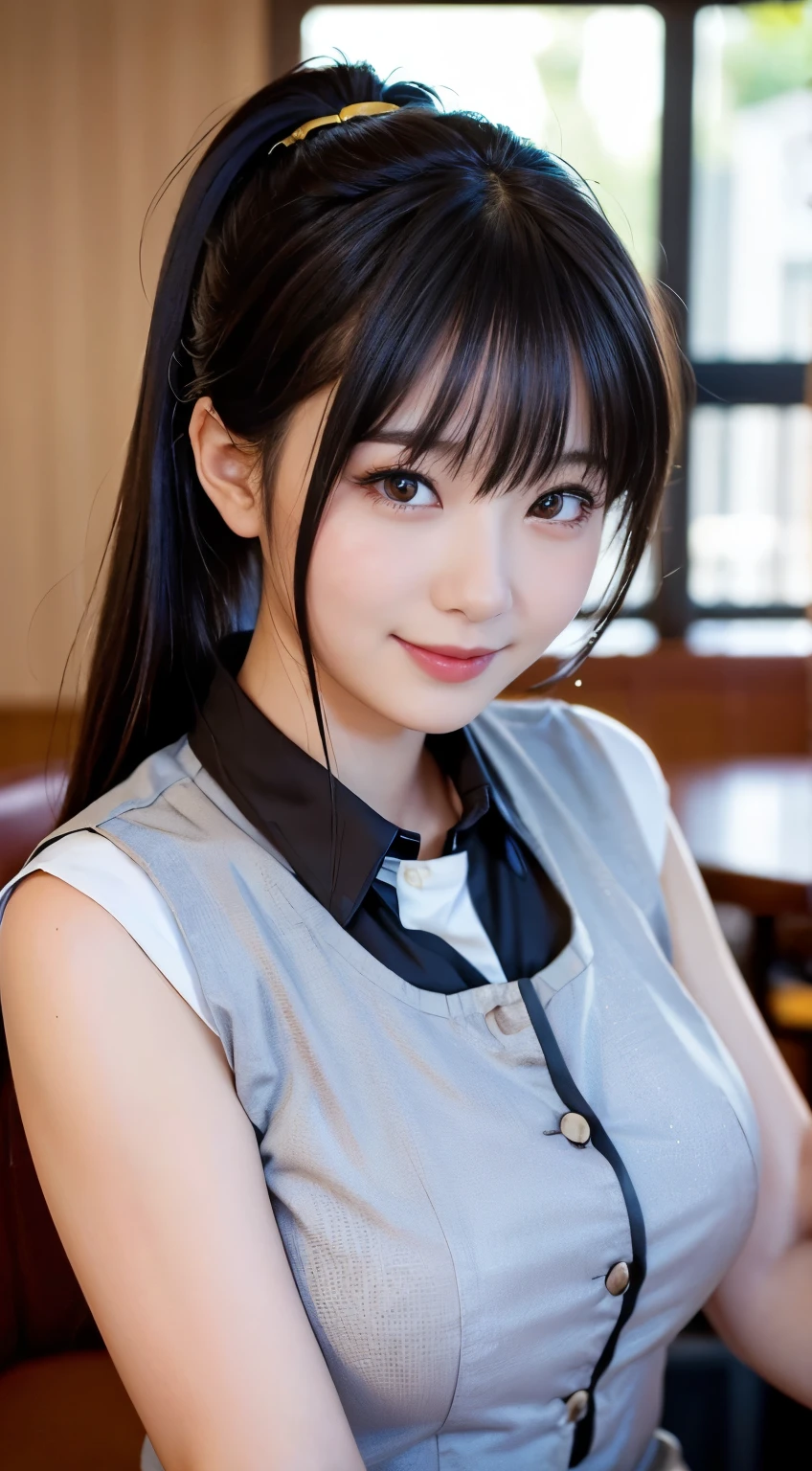 (Highest quality,masterpiece:1.3,Ultra-high resolution,),(Very detailed,Caustics),(Realistic:1.4,RAW shooting,)Ultra-Realistic Capture,Very detailed,High resolution 16K human skin closeup。 Natural skin texture、,pores、、、、It must be detailed enough to be easily identifiable。 Skin tone is even and healthy looking。 Use natural light and color,restaurant,Waitress Uniform,1 person,Japanese,18-year-old,cute,Black-haired,ponytail,Big Breasts,smile,Turn your body forward,(Front view:1.1),Looking into the camera,Cowboy Shot,