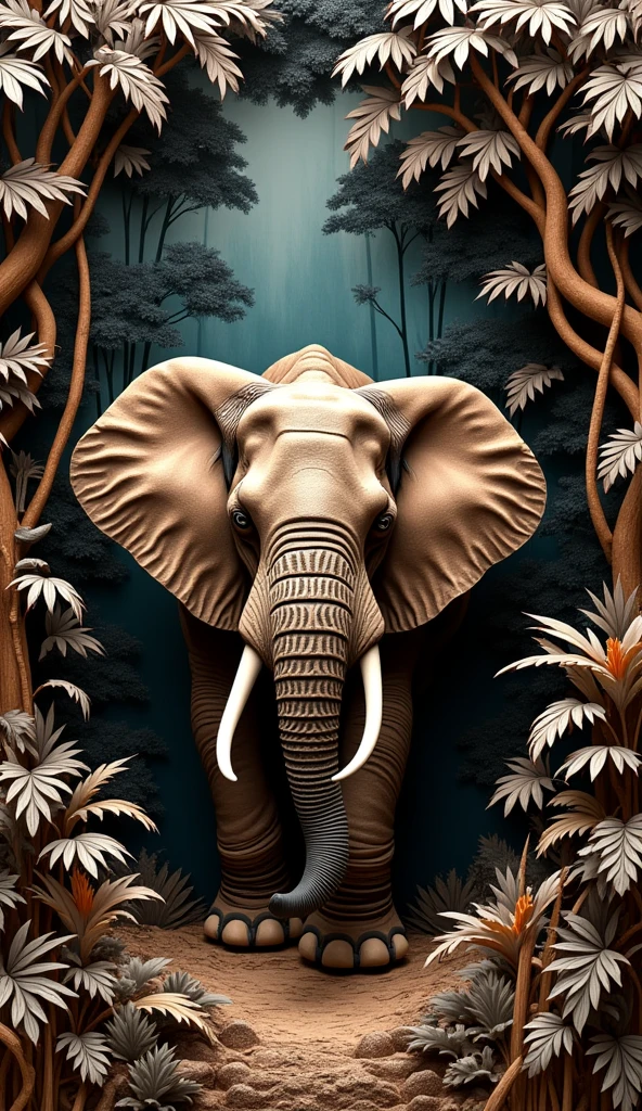 A full background image of a majestic elephant walking through dense jungle foliage in a wood carving style. The elephant silhouette is carved from rich mahogany wood, showing the roughness of the elephant&#39;s skin. The image must use black and white wood material, from deep walnut to lighter teak, adding contrast to the image. The wood block style should have a rustic charm and the surrounding jungle should be full of leaves., trees and vines.