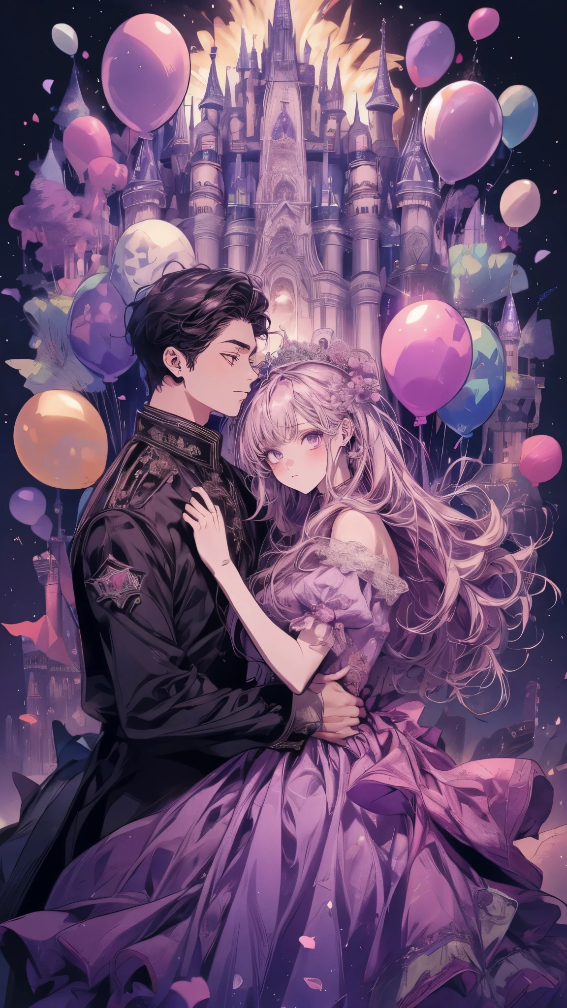 Princess、Prince、Purple long dress、Dance、Castle、firework、A lot of balloons、smile