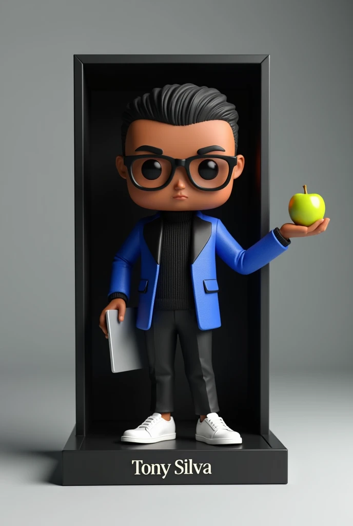 Create a Funko pop of a man with short hair on the sides, black frame glasses, Black turtleneck long sleeve sweater and a royal blue blazer with a black lapel, black pants, Alexander McQueen white shoes, In his hand he must have a green apple and in the other hand an open laptop. The Funko must be presented outside of a black box. "limited edition, that bears the name "Tony Silva" The box must allow viewing of the Funko, serif typography, The rendering must be in 3D with a photography studio background