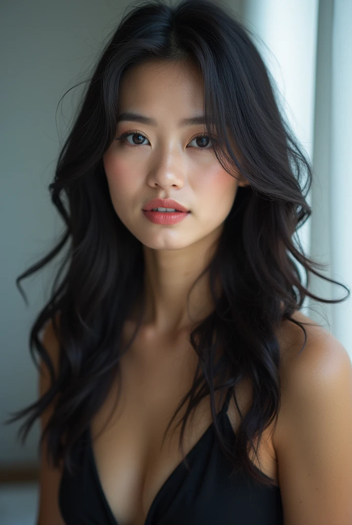 You are a professional glamour photographer..、(((One person,One personで))),(Highly realistic photos, High resolution, Detailed face, Narrow eyes,Thin lips)、 Japanese women, ２8-year-old, Modern beauty standards, ,Healthy Body,Foggy、Long Hair