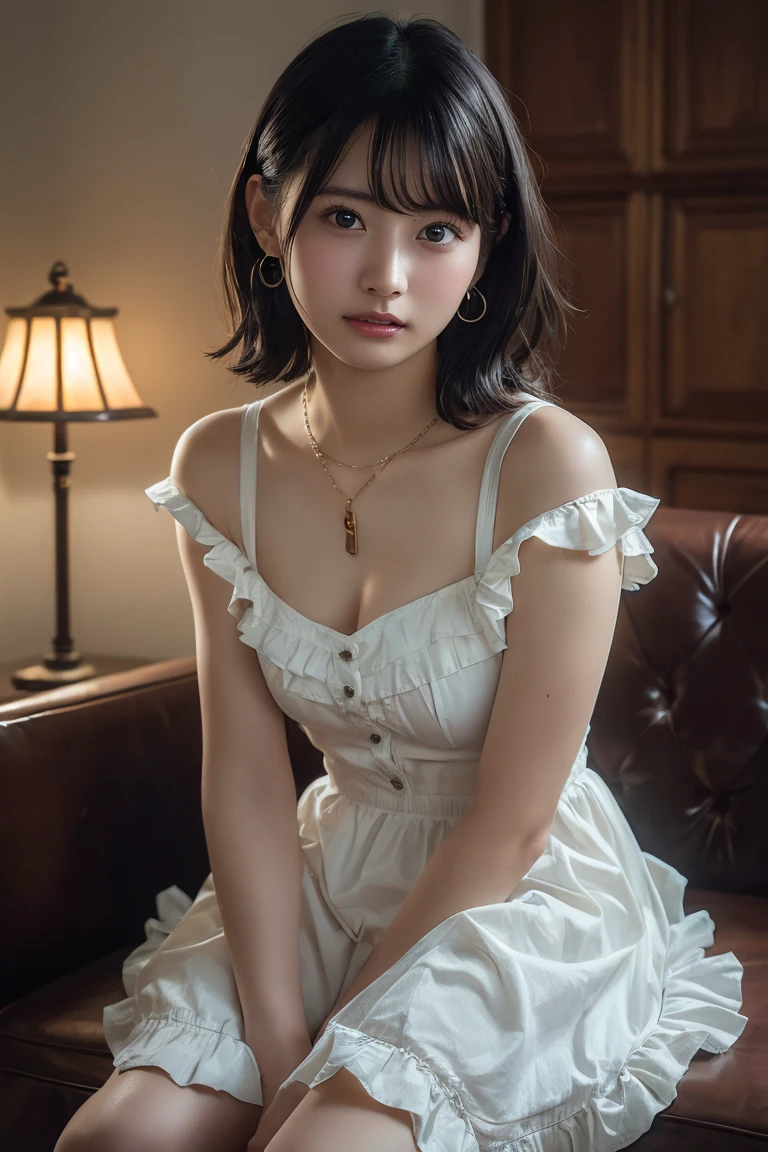 (Highest quality:1.4),(masterpiece:1.4),(Realistic:1.4),(Realistic:1.2),(超High resolution, RAW Photos:1.4),(High resolution, Ultra-detailed:1.2),(8k:1.2),View your viewers,Cinematic photography,One person,skeletally correct,Black-haired woman,Woman in her early 20s,(Small earrings,necklace,Ruffled frill collar dress),(Western-style building interior,Dimly lit room,The lamplight shines on my cheeks,Sit on the sofa)