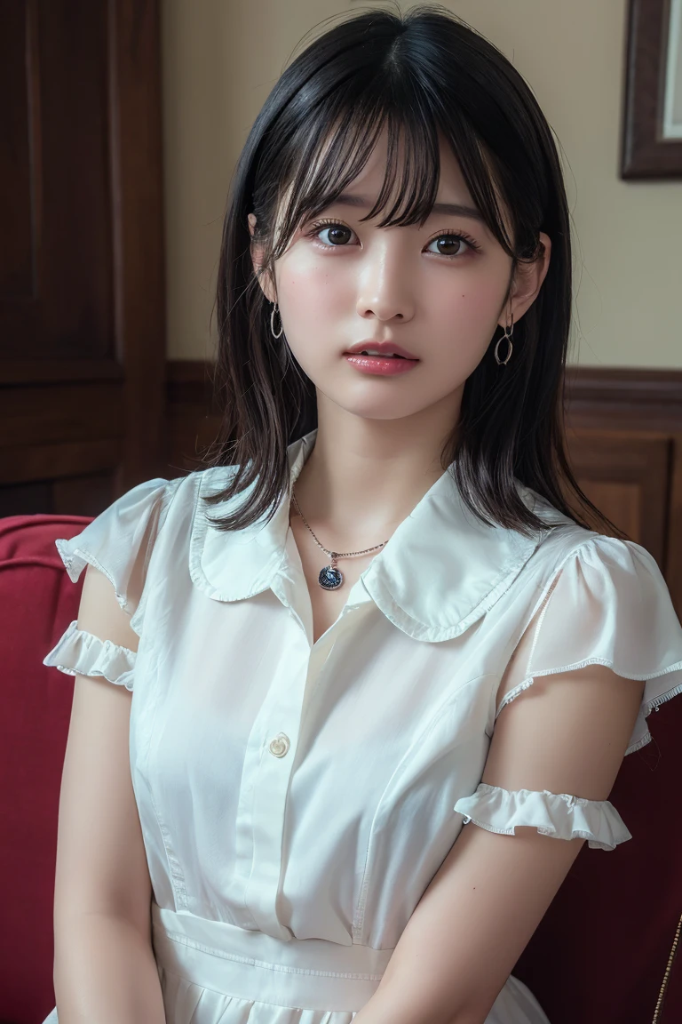 (Highest quality:1.4),(masterpiece:1.4),(Realistic:1.4),(Realistic:1.2),(超High resolution, RAW Photos:1.4),(High resolution, Ultra-detailed:1.2),(8k:1.2),View your viewers,Cinematic photography,One person,skeletally correct,Black-haired woman,Woman in her early 20s,(Small earrings,necklace,Ruffled frill collar dress),(Western-style building interior,Dimly lit room,The lamplight shines on my cheeks,Sit on the sofa)