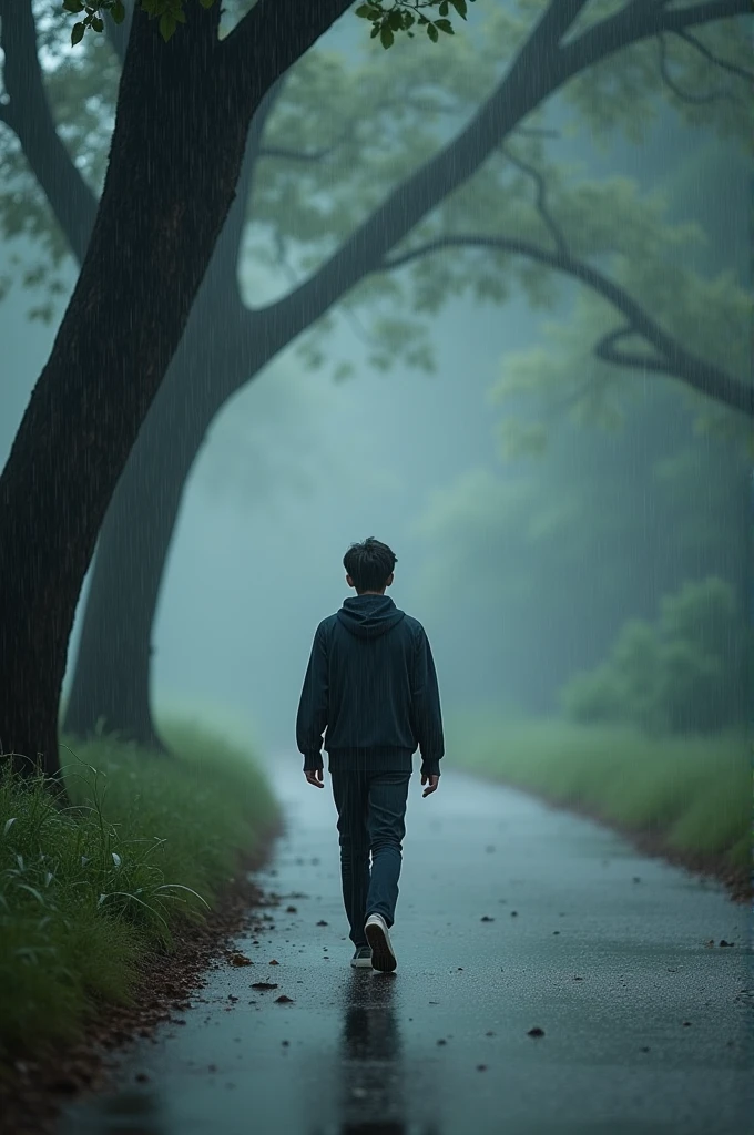 "An 18 year old Korean boy walked in the rain, with a face full of contemplation. The falling rain seemed to wet the traces left behind him, as if erasing any hesitation from his steps. The road he was walking on seemed filled with the shadows of tall trees and a thin mist that enveloped him.  ."
