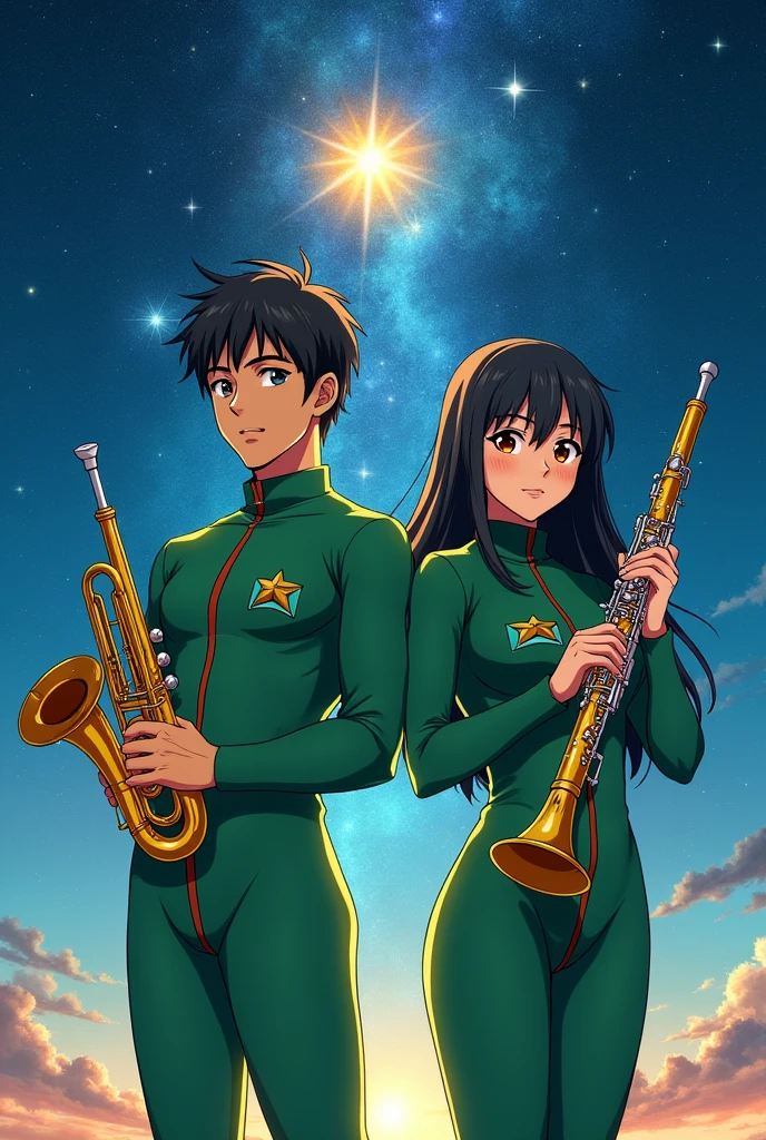 A refreshing young man and woman in an anime style are wearing green long-sleeved jumpsuits. The background is space. They are holding golden trumpets and clarinets in their hands.