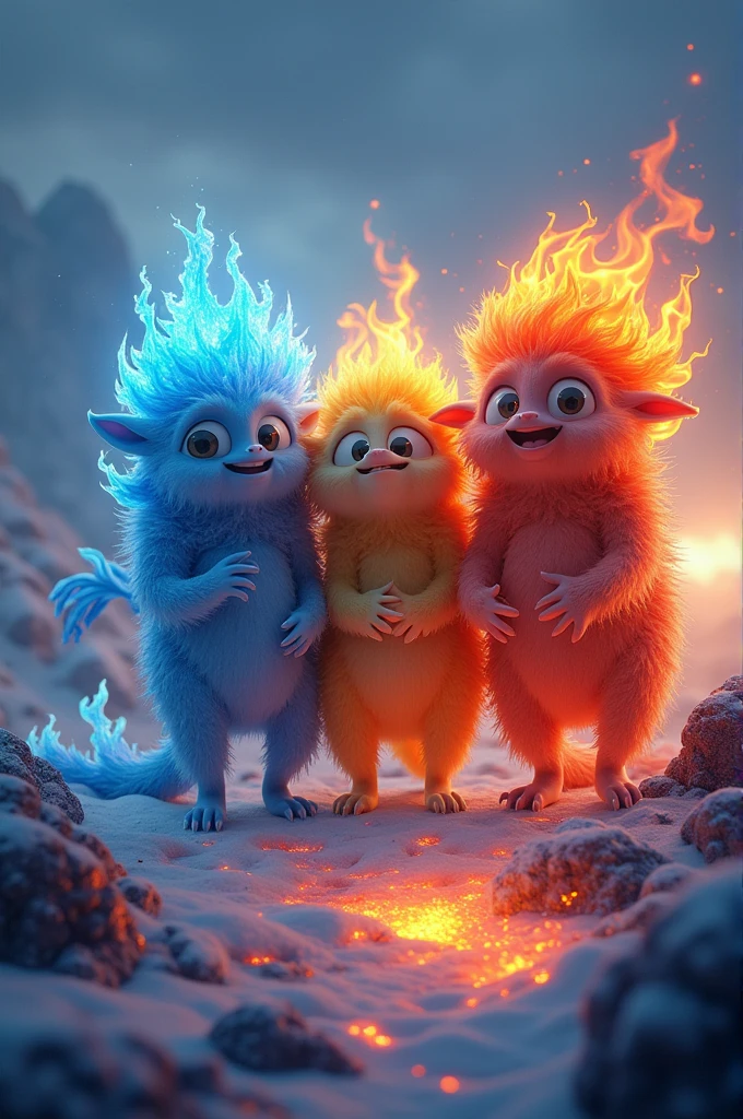 Three-headed monster, one made of ice, another of fire and the third of fire and ice smiling and friendly
