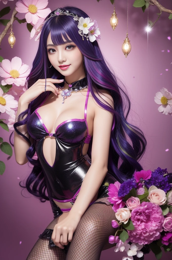 beautiful sexy model who controls poison、beautiful smile、lipgloss、long lashes、intense makeup、look at the camera、full body Esbian、、sparkling poisoned flower costume、、、、shiny sparkling multicolor hair、secrete poison、skull hair accessories、fishnet tights、shiny sparkling flowers background