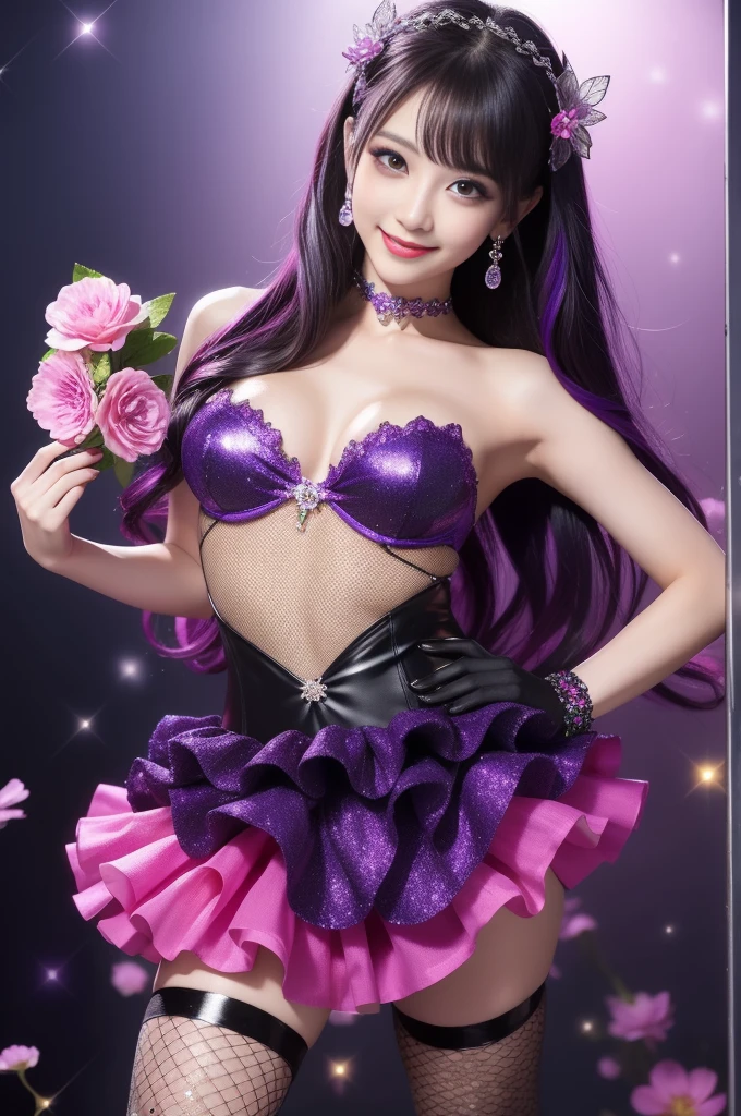 beautiful sexy model who controls poison、beautiful smile、lipgloss、long lashes、intense makeup、look at the camera、full body Esbian、、sparkling poisoned flower costume、、、、shiny sparkling multicolor hair、secrete poison、skull hair accessories、fishnet tights、shiny sparkling flowers background