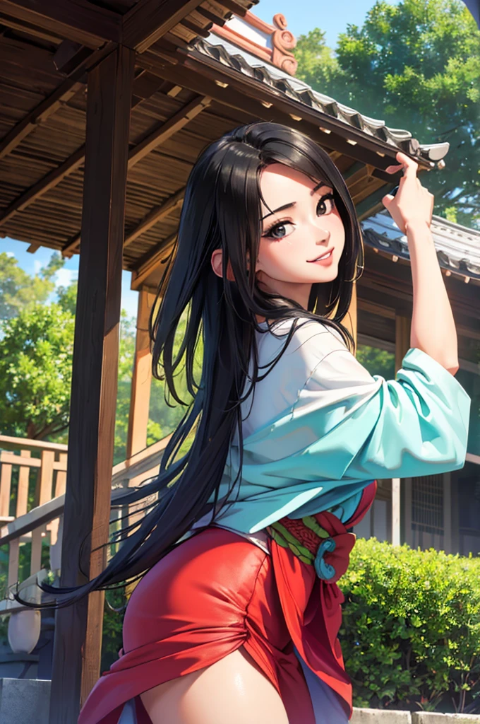 Japanese girl looking at viewer, (8k, raw photo, masterpiece:1.3), (realist, photorealist:1.1), 1 girl, Best Quality ,hyper detailed, High resolution, Skinny body, (happy, happy,smile:0.9), casa oriental, outdoor, field, thighs, (kimono:1.2),medium chest, long black hair