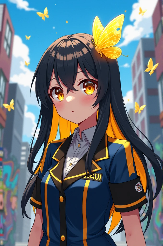 Bnha anime girl elbow length black and yellow hair, yellow eyes and a glass butterfly on her head, AU uniform