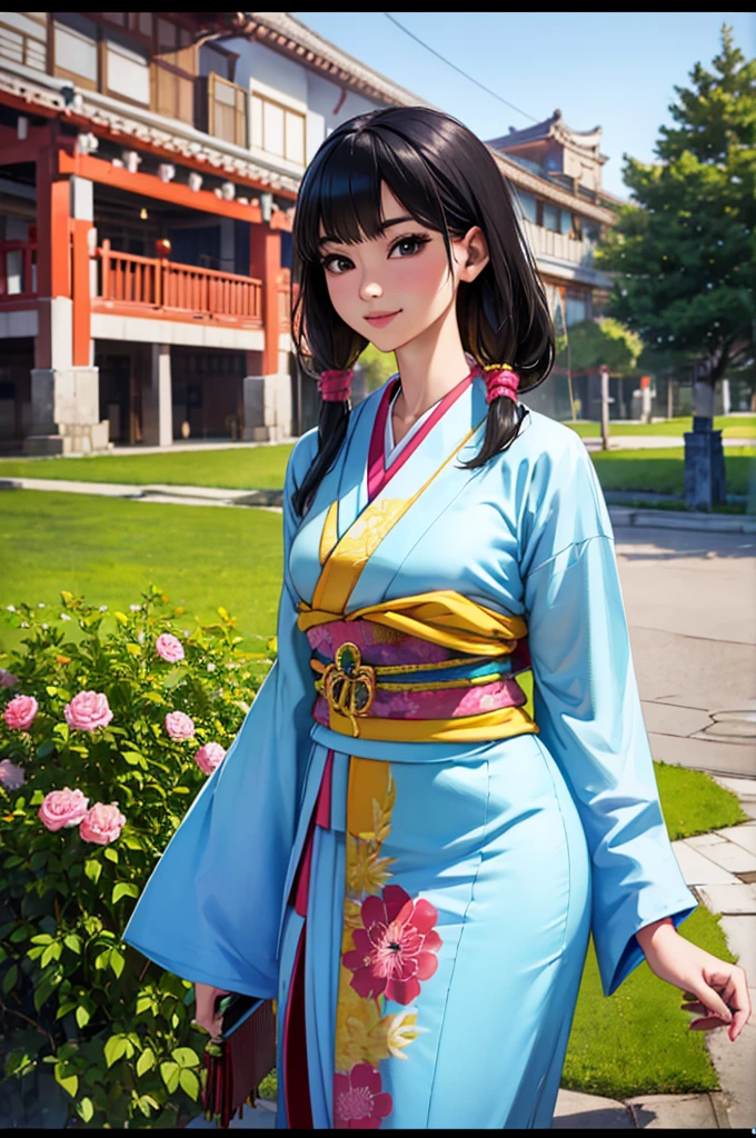 Japanese girl looking at viewer, (8k, raw photo, masterpiece:1.3), (realist, photorealist:1.1), 1 girl, Best Quality ,hyper detailed, High resolution, Skinny body, (happy, happy,smile:0.9), casa oriental, outdoor, field, thighs, (kimono:1.2),medium chest, long black hair