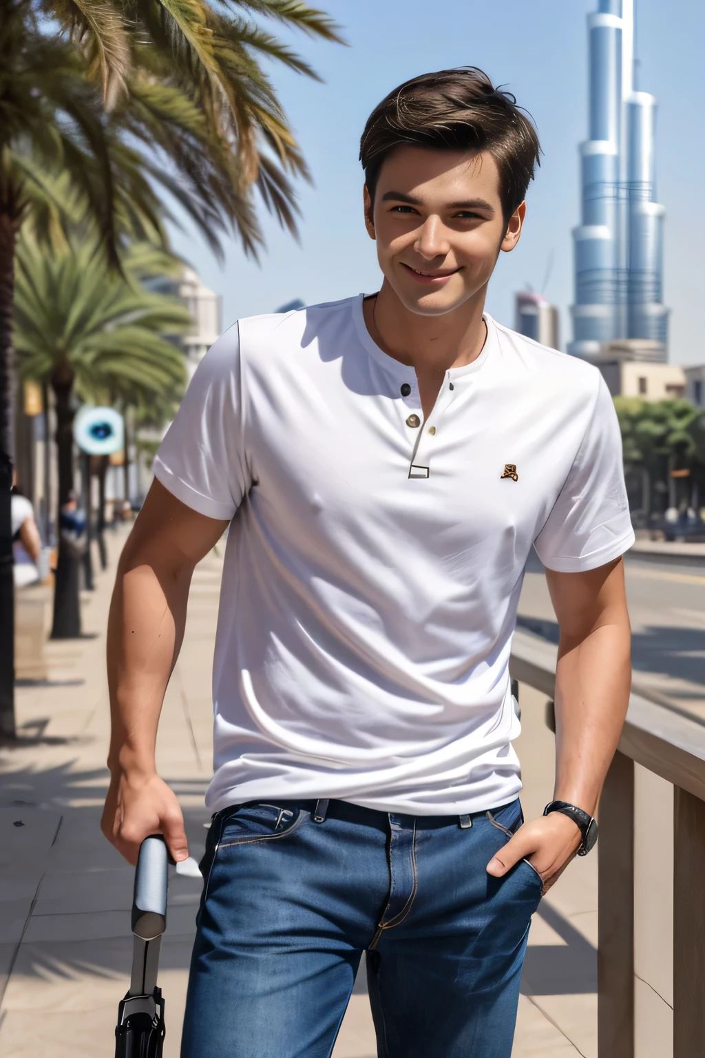 Age 25々Cool guy、What it's like to be a model、Chic and casual clothing、Delicate face、good looking、I am brunette、Brown eyes、Daytime on a sunny day、Cool standing figure、Downtown Dubai、Wealthy people々、Live-action shooting style、high quality 8k、Bright smile、Like a model、One Man、