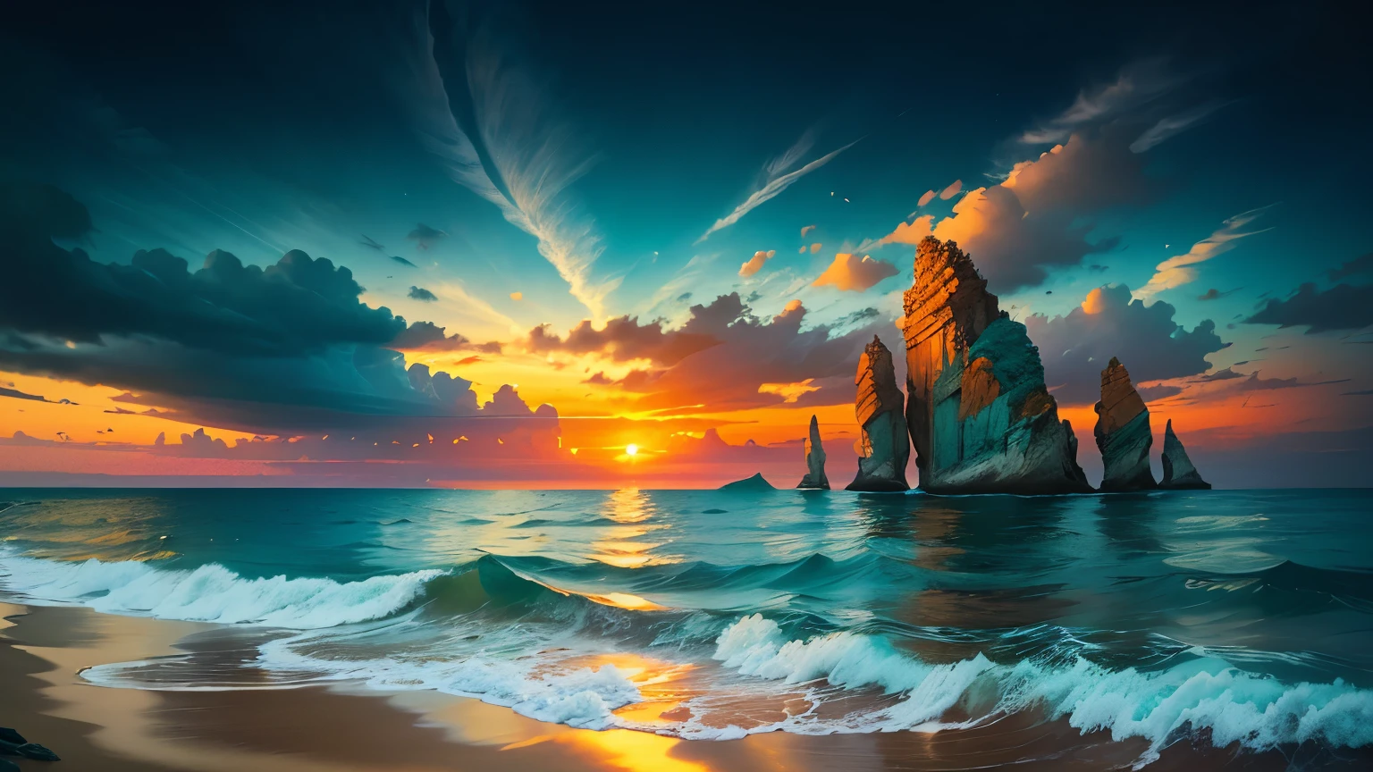 (Winner of the award for best photography of the year, the scene captures with extreme clarity, color and texture) a Turquoise Coast of Baja California, capturing the essence of a serene Mexican in the golden sand of a picturesque beach. Rock formations rise from the shore, with people scattered, blending harmoniously in the distance. (((Soft blue-green tones blend with the sky))), reminiscent of the magic hour when the sun up behind the horizon. The rule of thirds composition places the ship at the intersection of two diagonals, drawing the viewer's attention to the tranquil scene. The brushwork is textured and realistic, evoking the style of artists such as Aytek Cetin, Max Rive, Tanmay Sapkal, Andrea Zappia and Daniel Gerhartz.