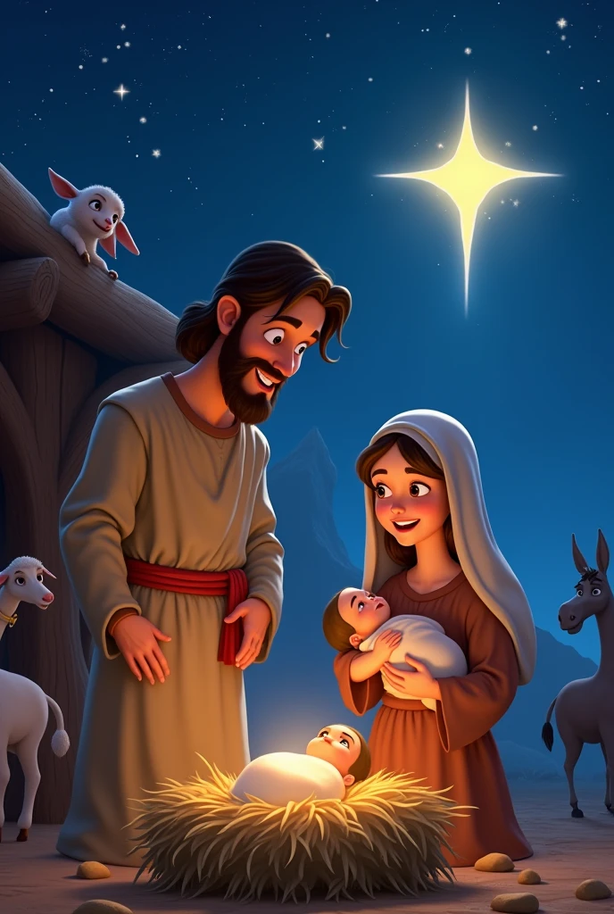 create an image that represents the birth of Jesus from the bible in disney pixar format