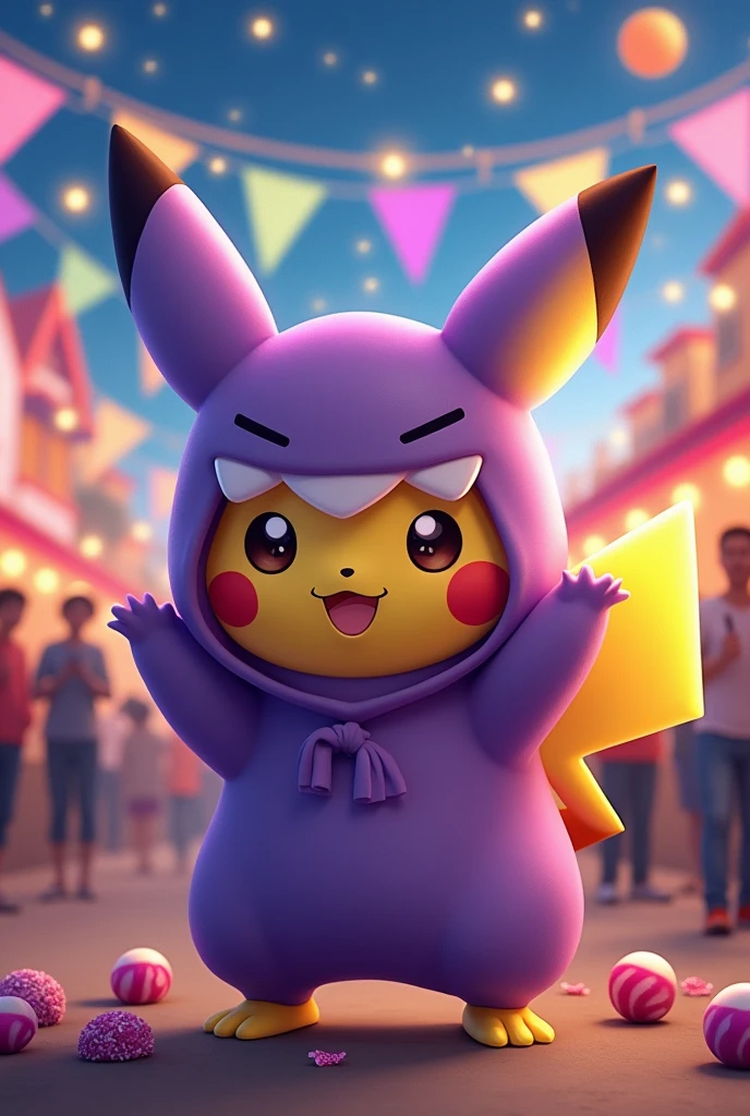 A pikachu wearing Gengar costume