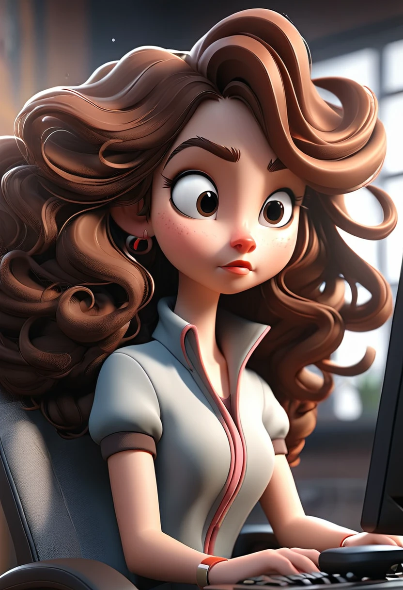 3d、Highest quality、Highest quality、A girl with her back in front of a dual window desktop PC、The girl has long curly hair、Brown Hair、Mouse in right hand、Left hand on the keyboard、Five speech bubbles above your head、is sitting in a gaming chair