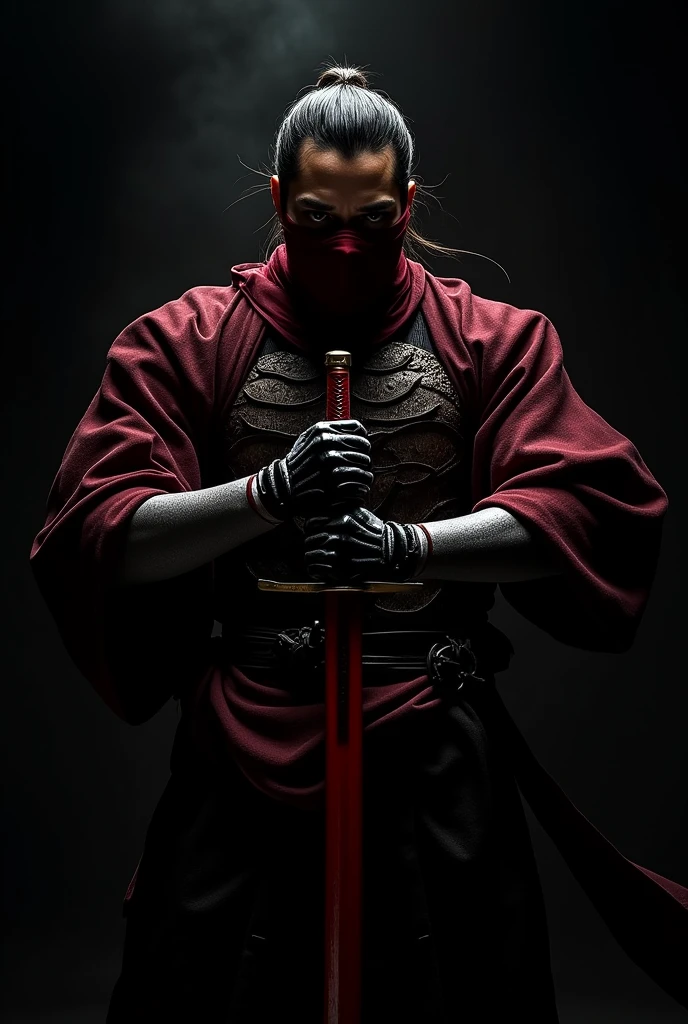 Image of a samurai with a red band covering his eyes on a black background. It is a samurai who has a sword near his neck. A large sword can only be seen from his torso up in an anime style with a futuristic mecha. His sword is red and the red bandage covers his eyes from forehead to nose. , The background is black with a slight touch of death .