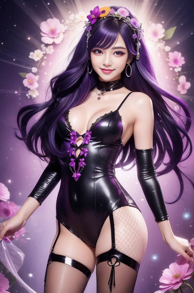 beautiful sexy model who controls poison、beautiful smile、lipgloss、long lashes、intense makeup、look at the camera、full body Esbian、、sparkling poisoned flower costume、、、、shiny sparkling multicolor hair、secrete poison、skull hair accessories、fishnet tights、shiny sparkling flowers background