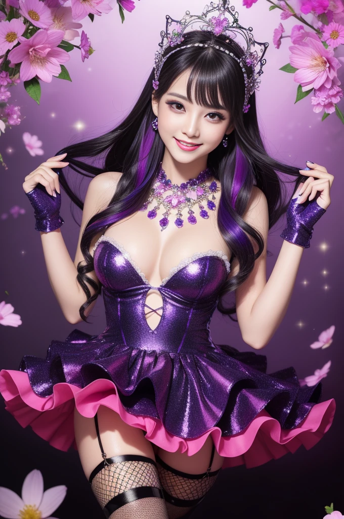 beautiful sexy model who controls poison、beautiful smile、lipgloss、long lashes、intense makeup、look at the camera、full body Esbian、、sparkling poisoned flower costume、、、、shiny sparkling multicolor hair、secrete poison、skull hair accessories、fishnet tights、shiny sparkling flowers background