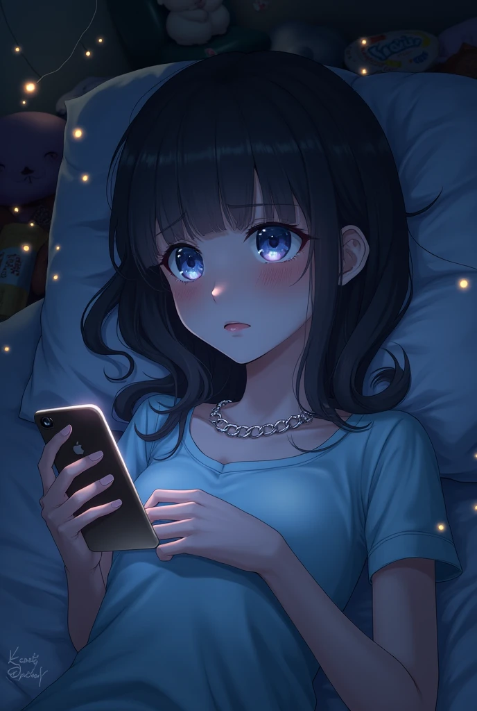 anime girl lying sad, with phone in hand with chain around neck with the letters “CQNTD”