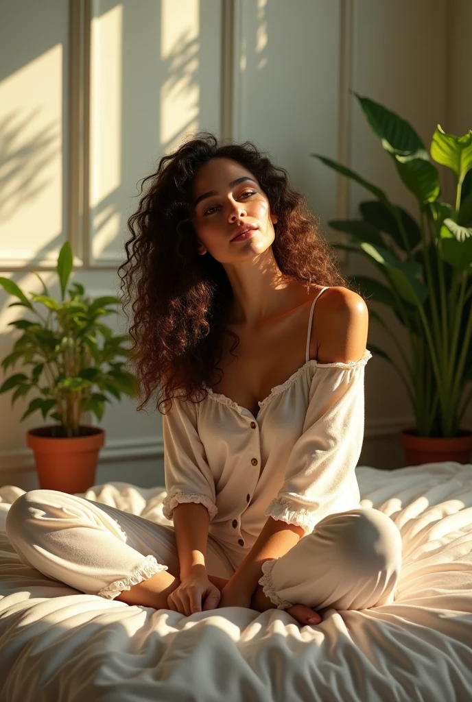 (photorealism:1.2), beautiful woman, sitting on bed, wearing loose off-shoulder top, pajama pants, long curly hair, indoors, soft lighting, plants in background, window with sunlight, cozy room, relaxed pose, realistic, intricate details, warm colors, by Greg Rutkowski, by Alphonse Mucha