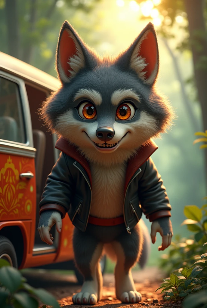 full-body illustration, (1wolf:1.2), (cute but scary:1.3), big size, fluffy fur, wearing a leather jacket, mischievous grin with small sharp teeth, (big eyes with a sly expression:1.2), arriving in a vintage van with colorful patterns, (van door open with the wolf stepping out), (jungle background:1.2), (sunlight filtering through trees), (soft lighting:1.3), (warm and vibrant color scheme:1.2), (highly detailed), (ultra quality:1.3), (masterpiece), (digital art), 8K resolution, HDR, depth of field, (soft shadows), (photorealistic:1.3), (animation:1.2), (by Greg Rutkowski:0.9), (in the style of Alphonse Mucha), trending on ArtStation, award-winning art