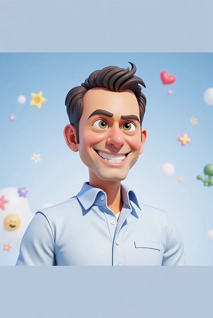 Cartoon character of a man blue shirt, 45 years old adult, an animated character, stylized character, animation style rendering, 3d stylized, The posture is erect and full of confidence, with the chest slightly puffed out