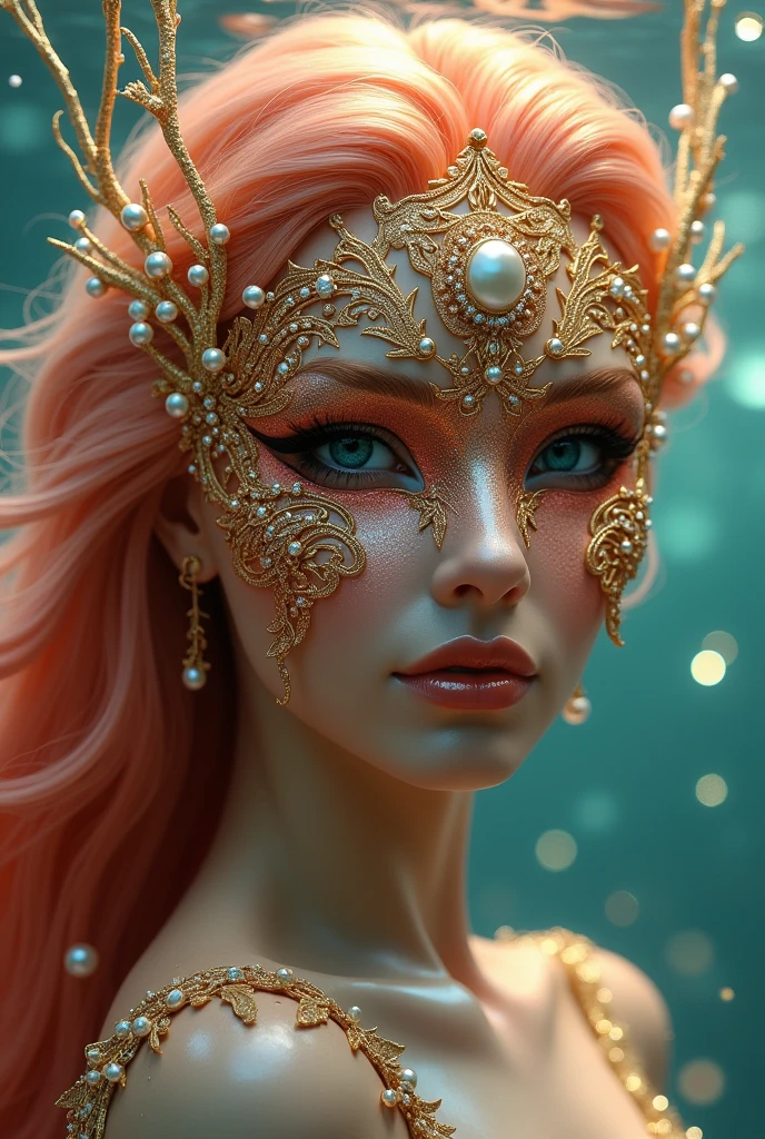 Create a female mask with arabesques, pearly stones and very fine and delicate gold details, the mask should have warm tones for a sexy mermaid masquerade ball