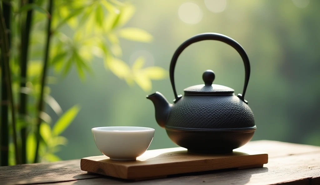 Front view.Close-up of pouring tea into tea cup.cast iron kettle(Detailed description of the texture of iron)teapot.Exquisite white ceramic glaze small teacup set on wooden coasters. Dark tone foggy gradient bokeh background.Inspired by the tea ceremony scene, cozy atmosphere, Zen and calm, A taste of serenity and zen, Warm and respectful atmosphere, Comfortable environment, Just relax, feeling of happiness, Afternoon light and shadow.high quality. High style.Zen style bamboo branches and leaves background(best quality)(intricate details)(leave a big blank)Minimalism, romanticism, Chiaroscuro, outer boundary, Ultra high quality, masterpiece, anatomically correct, Super detailed, best quality.Nice photos