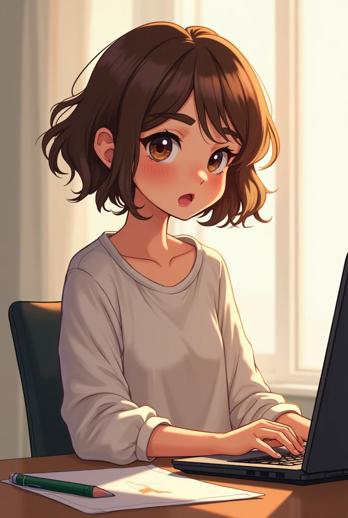 art mignon, art simple , femme, cheveux brun très court, un ordinateur sur un bureau, dessin