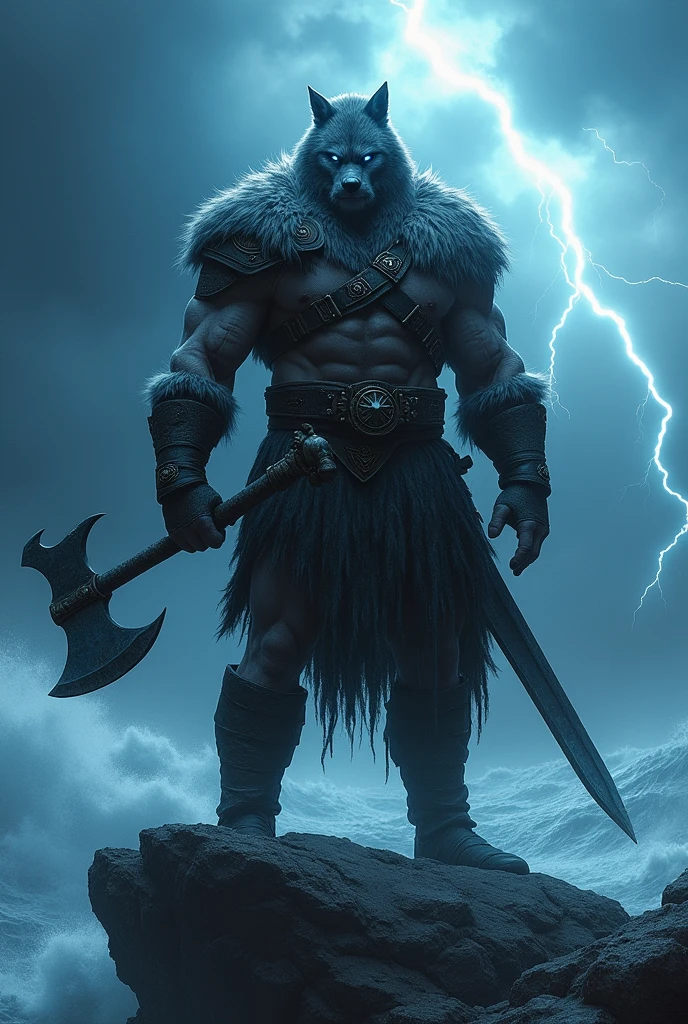 
**Character Description: Thorvik, the Sea Wolf**

Appearance:
- Physique: Athletic and muscular build, similar to Ian Somerhalder but with more defined muscles befitting a Viking warrior.
- Height: Approximately 6'1" (185 cm)
- Hair: Dark, partially braided in Viking style
- Beard: Medium-length, well-groomed with small braids

Eyes:
- Color: Piercing blue-white, reminiscent of the Night King from Game of Thrones. They glow with an otherworldly, icy intensity that suggests supernatural power.

Attire:
- Dark leather armor with metal accents
- Fur-trimmed cloak made from wolf pelts
- Silver arm rings and necklace with runic engravings

Weapons:
- A decorated battle axe held in one hand
- A long sword sheathed at his waist

Setting:
- Background: A stormy Nordic coastline with longships visible in the distance
- Foreground: Thorvik standing atop a cliff, overlooking the turbulent sea

Atmosphere:
- Dark, brooding sky with flashes of lightning
- Swirling mist partially obscuring the lower part of the image

Key Elements:
- Focus on Thorvik's intense, supernatural eyes as the centerpiece of the image
- Convey a sense of power, danger, and the supernatural
- Blend historical Viking elements with dark fantasy aesthetics

Style:
- Realistic dark fantasy, emphasizing the contrast between the character and the stormy background

This description aims to create a powerful and evocative image for your book cover, highlighting Thorvik's supernatural nature through his Night King-inspired eyes while maintaining his Viking warrior essence. The stormy background adds to the overall atmosphere of danger and dark fantasy.