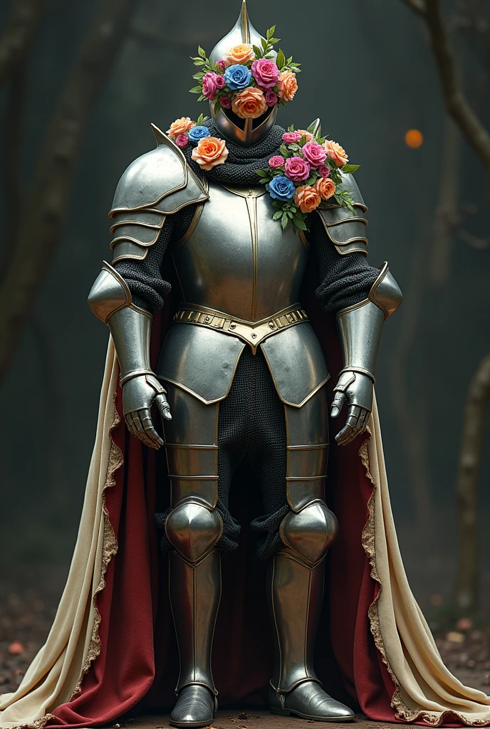 (photorealism:1.2), Even a single, very robust man using a, An elegant large medieval knight costume with a polished steel helm and helmet . The chainmail covers the torso, and over it he wears a steel plate armor with details. The armor includes large shoulder pads, gauntlets, and greaves. The boots are sturdy and reinforced with steel plates., and the suit is completed with a very soft velvet cape that touches the ground. The suit is bone-colored, Using a red leafy cape where it touches the ground, it is so late that it looks heavy to carry on the body, it has different flowers of different colors glued on it. In the medieval helmet it has no face or face and is full of roses of different green colors, blue pink purple green as in the body, but in the helmet visor is the majority preventing the person from seeing the atmosphere of the dark character, but of hope, Besides being too robust, he has flowers stuck to his chest., helmet of colors and roses,On his arm he also has roses, On the legs and on the visor there are flowers
