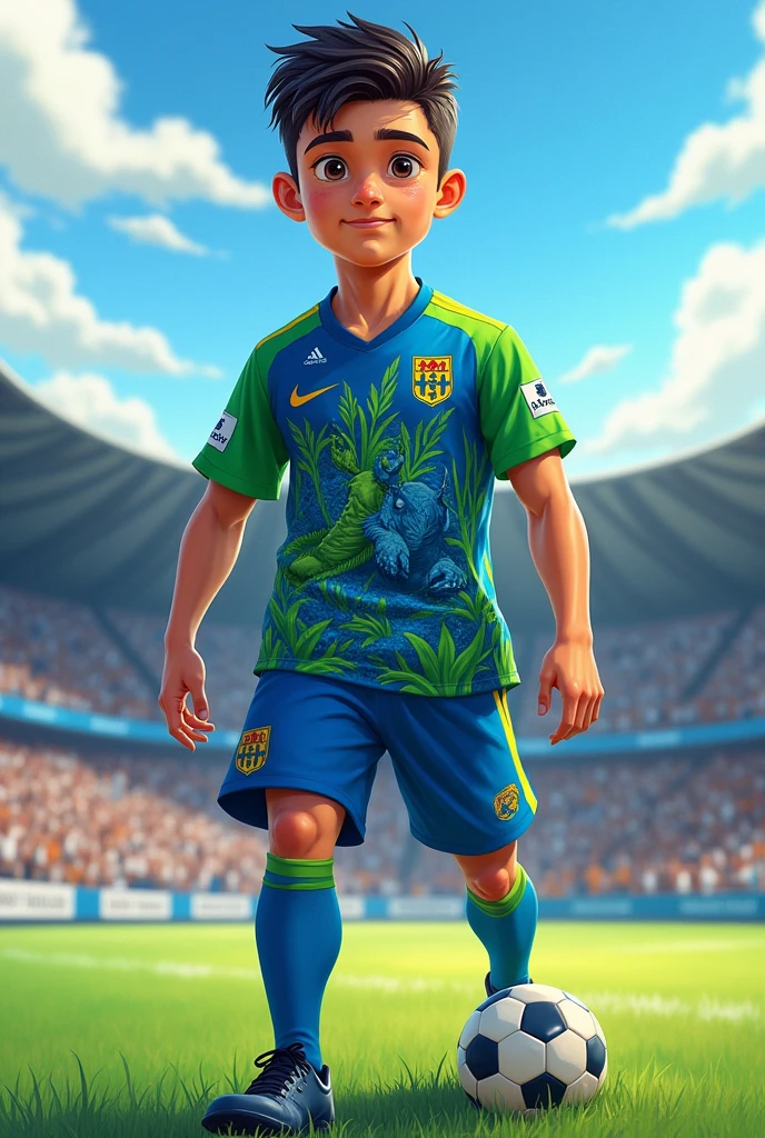 Soccer uniform with blue and green colors , with symbols of a bull , a lobster , sea and grass