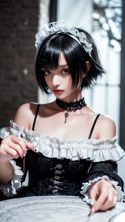 (((masterpiece))), (((Highest quality))), (((Very detailed))), 1 female, (((Very thin body))), 18-year-old, (((short black bob, Fluffy and thick bangs))), Cosmetics Free, small, Thin Nose, small, Thin-lipped mouth, (((Very sharp focused eyes))), Large slit-shaped, Precise pale grey eyes, Shining like a jewel, Long eyelashes, ((Highly complex digital fashion, Off-the-shoulder gothic fashion, Lace and frills , Overly decorative fashion)), (((Abandoned for the night, Sophisticated virtual fires and explosions))), (((Overall accuracy has been dramatically improved, creating a Very detailed and realistic image))).