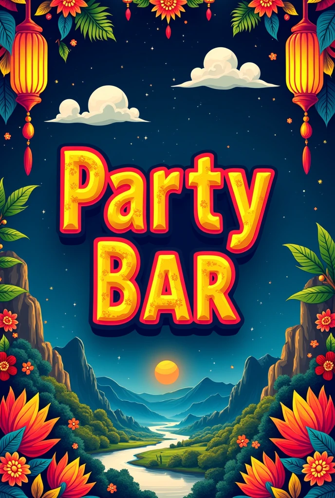 Generate a poster with Chachapoyan motifs in Spanish with the words, Party Bar