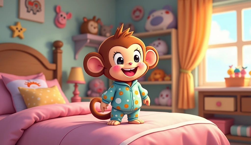 Fluffy little monkey, smile, Big eyes, Wear pajamas, Standing on the bed, Children's bedroom, Snes drawing
