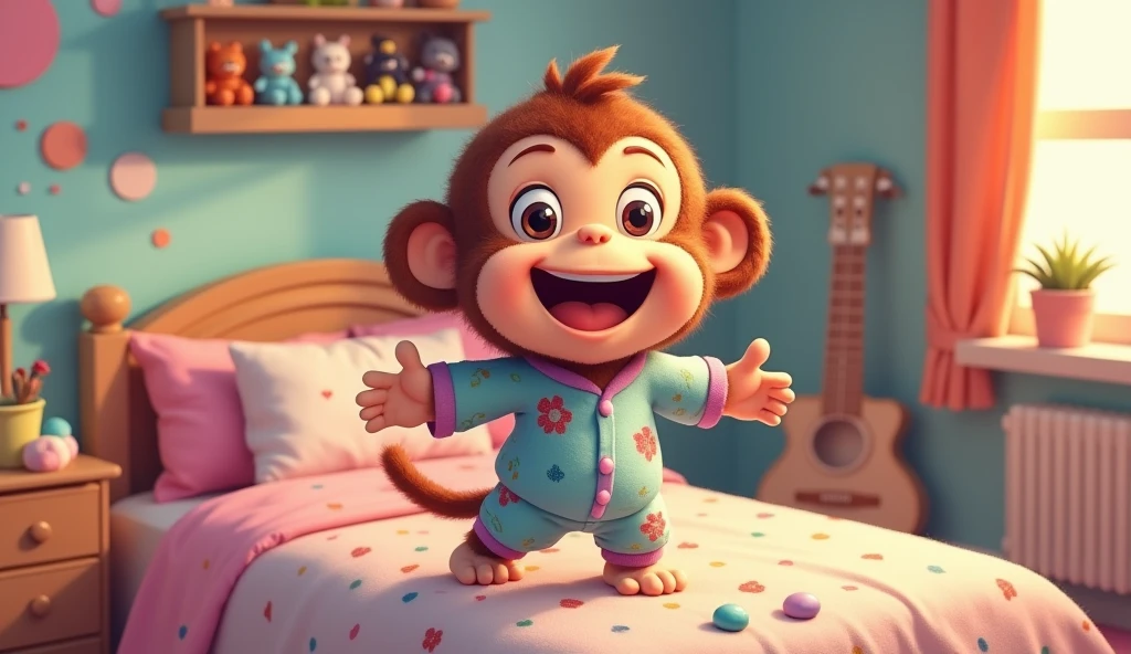 Fluffy little monkey, smile, Big eyes, Wear pajamas, Standing on the bed, Children's bedroom, Snes drawing
