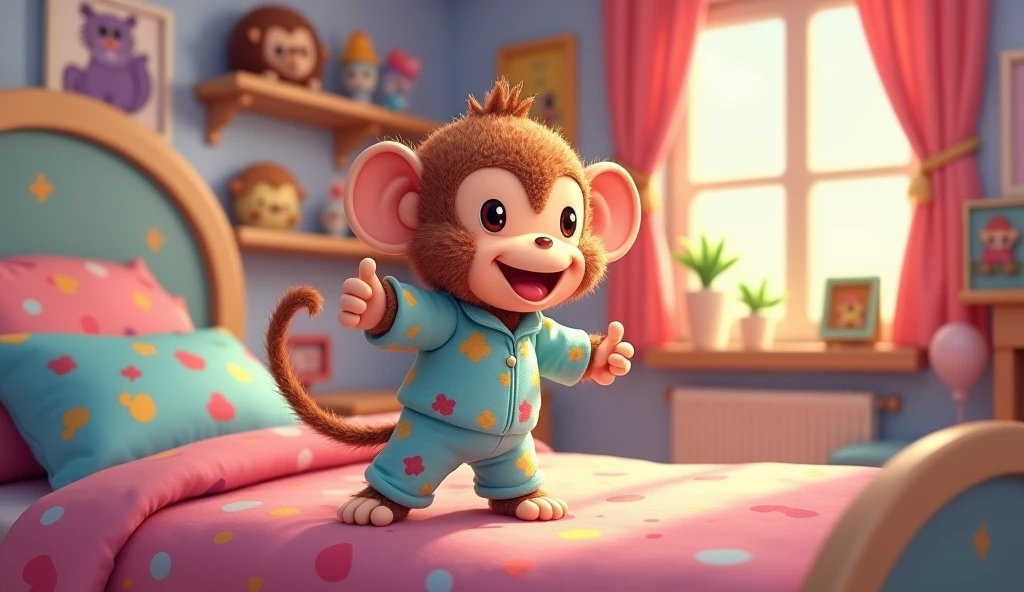 Fluffy little monkey, smile, Big eyes, Wear pajamas, Standing on the bed, Children's bedroom, Snes drawing