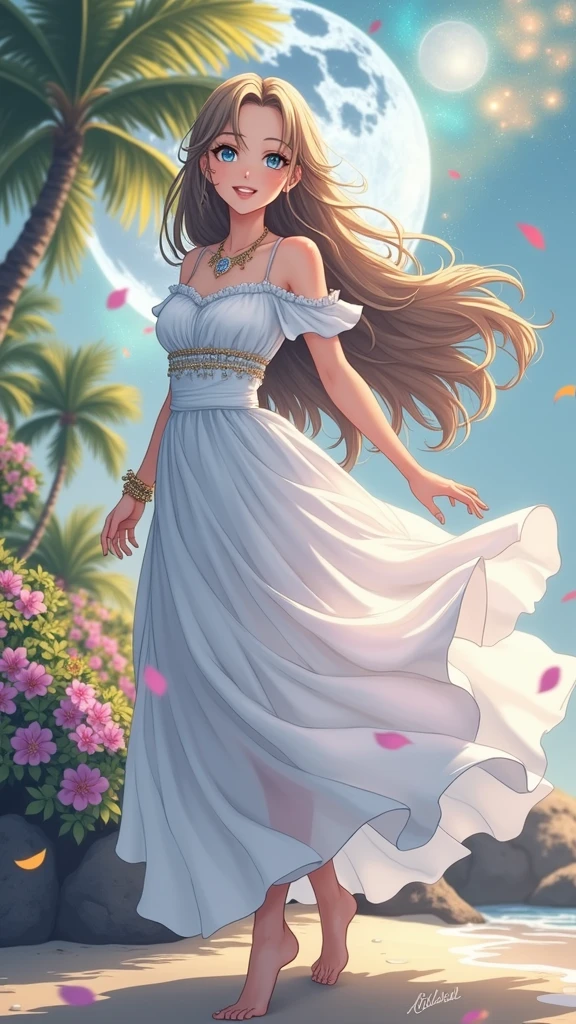 (masterpiece、Highest quality、8k、High resolution)、(The best beautiful girl)、Best Style、(The most beautiful face)、Clear skin、Clean blue eyes、Beautiful lips、smile、Beautiful white upper teeth、Beautiful nose、Blonde Hair、Ample breasts、Walking on the sand、look back、Ocean、You can see the forest、A bright night with stars visible、Beautiful starry sky、full moon、milky way、(体whole bodyから神秘的な光の粒子、Colorful Light)、(jewelry、necklace)、dress、(whole body)、Highly detailed anime art、A complete portrayal、Detailed CG、